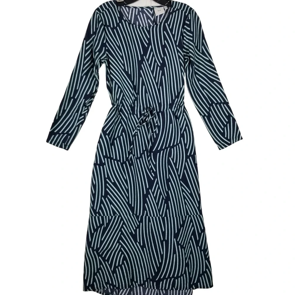 ELK Women Navy Mint‎ Stripe Drawstring Waist Midi Dress Viscose Linen Blend US 4